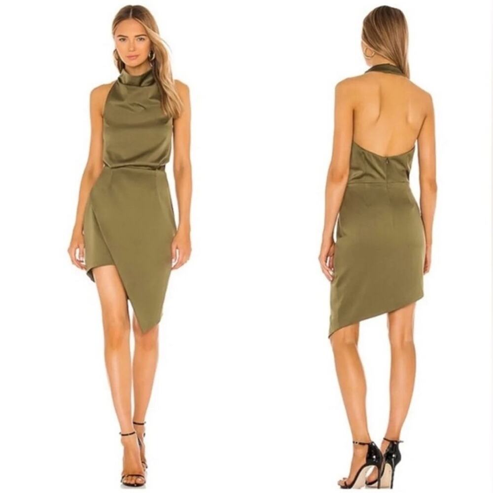 Elliatt Camo Green Asymmetric Satin Halter Mini Dress Size XS